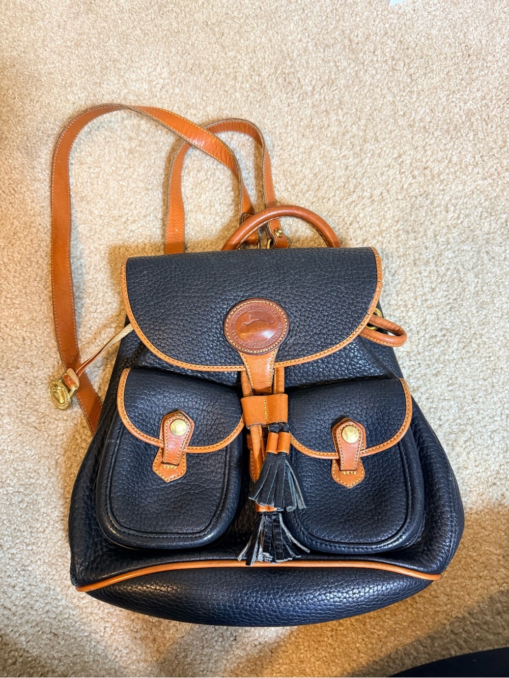 Dooney & Bourke Black Pebbled Leather Mini Backpack with Tan Trim